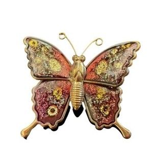 Vintage 1970s Gold Tone Butterfly Brooch Pink Purple Green Glitter Enamel Pin